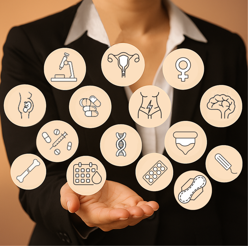 Business woman with hand outstretched - icons representing women's health areas hovering over her hand - the new revolution in 'Femtech' companies is working to close gaps
