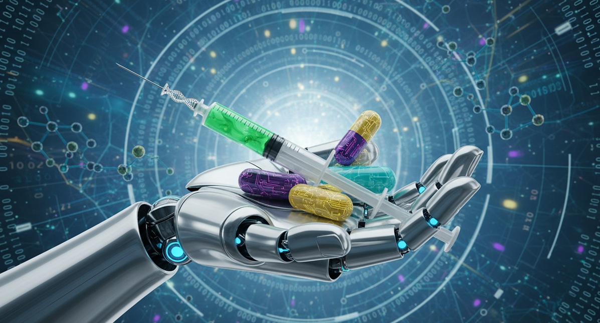 Article 3 Banner, robot hand holding medications and a syringe