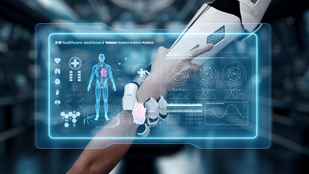 Robot hand clasping human hand - AI helping in hospital infrastructure