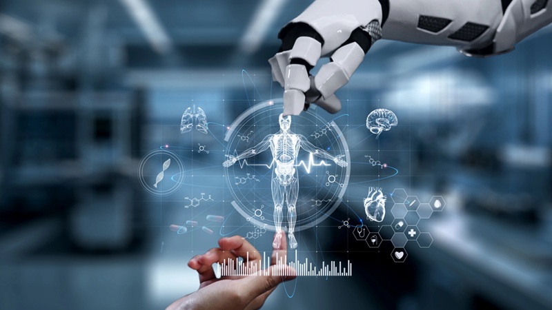 Human and robot hands both pointing to image of human body - AI in healthcare should augment not replace humans