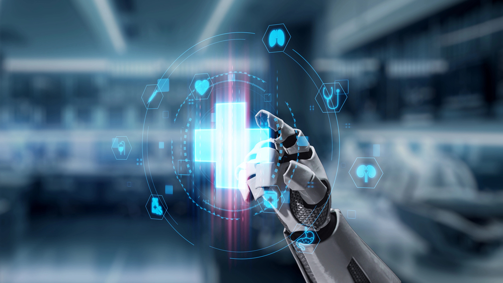 Robot hand pointing to health icon - AI in hospital infrastructure