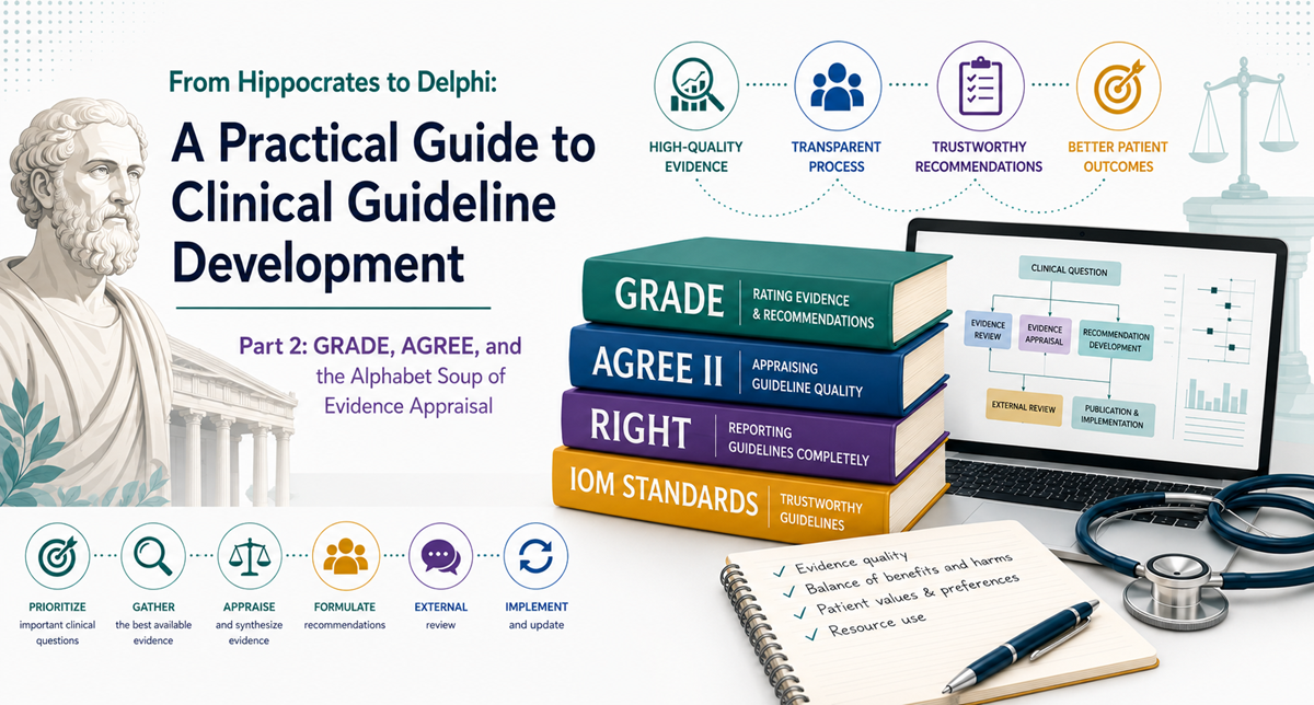 From Hippocrates to Delphi: A Practical Guide to Clinical Guideline Development Part 2: GRADE, AGREE, and the Alphabet Soup of Evidence Appraisal - banner image