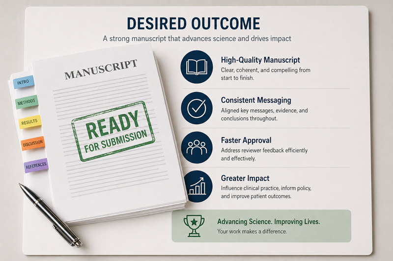 Desired Outcome: high quality manuscript, consistent messaging, fast approval, great impact, to advance science and improve patient lives