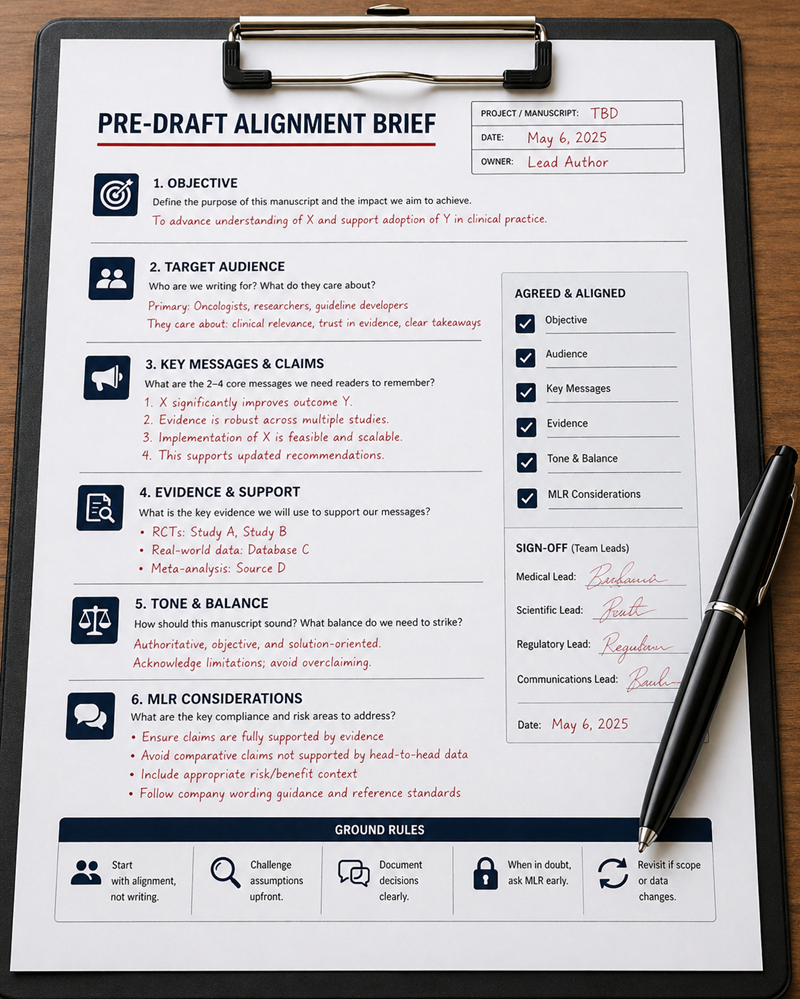 Pre-draft alignment brief must discuss: objective, target audience, key messaging and claims, evidence and support, tone and balance, MLR considerations and ground rules