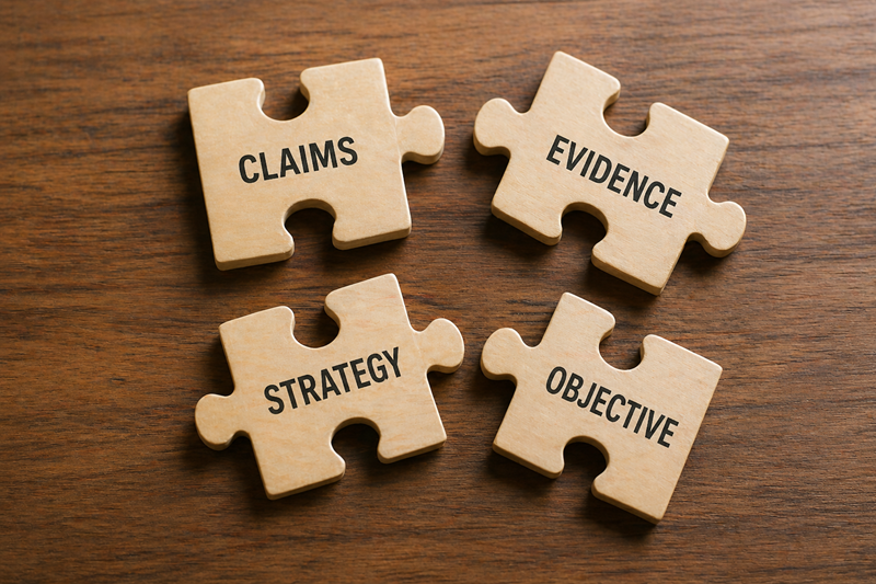alignment puzzle pieces: claims, evidence, strategy and objectives must come together