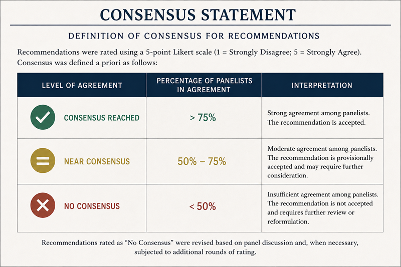 How to reach consensus statements, more than 75% agreement consensus reached, 50 to 75 near consensus less than that no consensus.