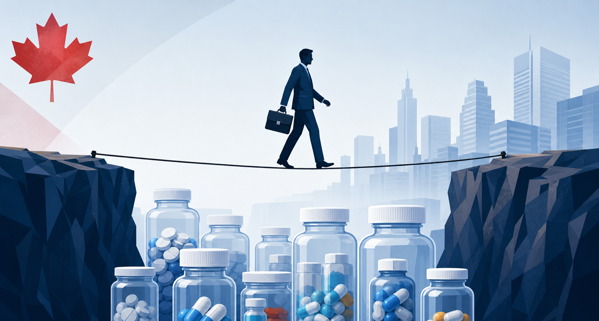 Banner Image - Man walking across tightrope over prescription pill bottles - symbolizing how challenging it can be to navigate Canadian Pharmaceutical advertising regulations
