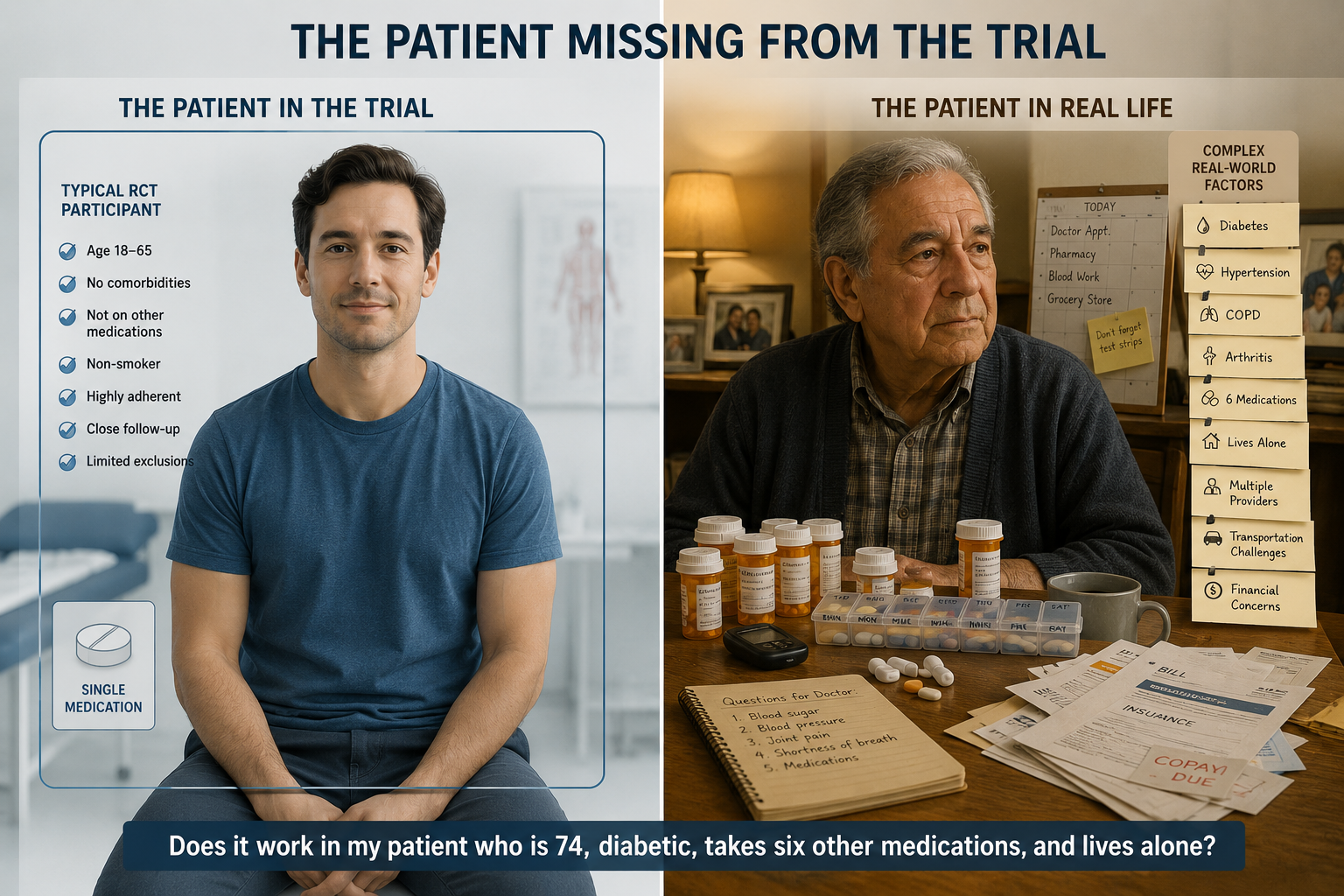 Image depicting the difference between patients in clinical trials vs patients in real life