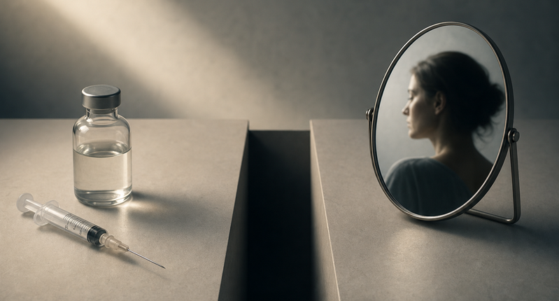 Image of a gap between medication and the image of a woman in a mirror