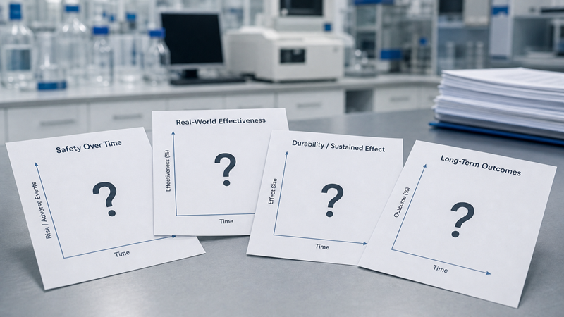 Image of empty graphs in a lab signifying missing evidence for safety, effectiveness, and durability