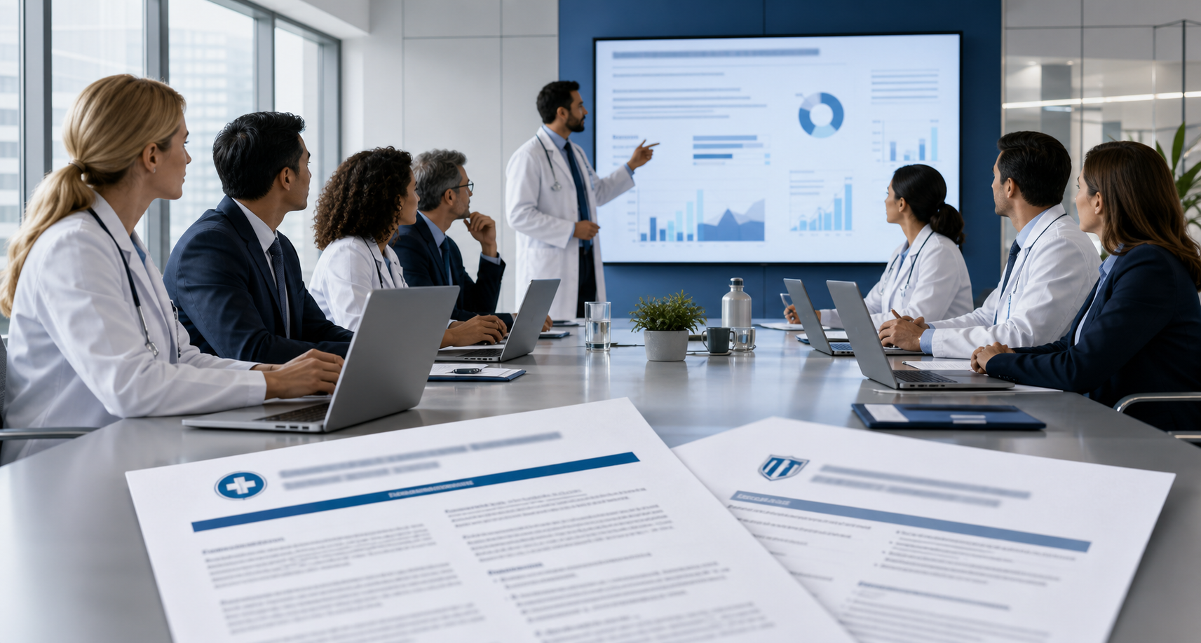 Image of people at a table reviewing data and presentations, with two documents in the foreground