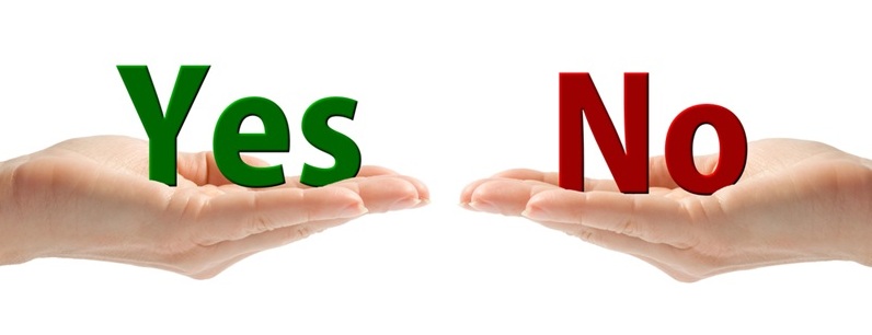 Image of two hands - one holding a YES and the other holding a NO