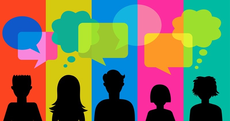 Artistic rendition of people in discussion while 2 of the group are thinking but not participating