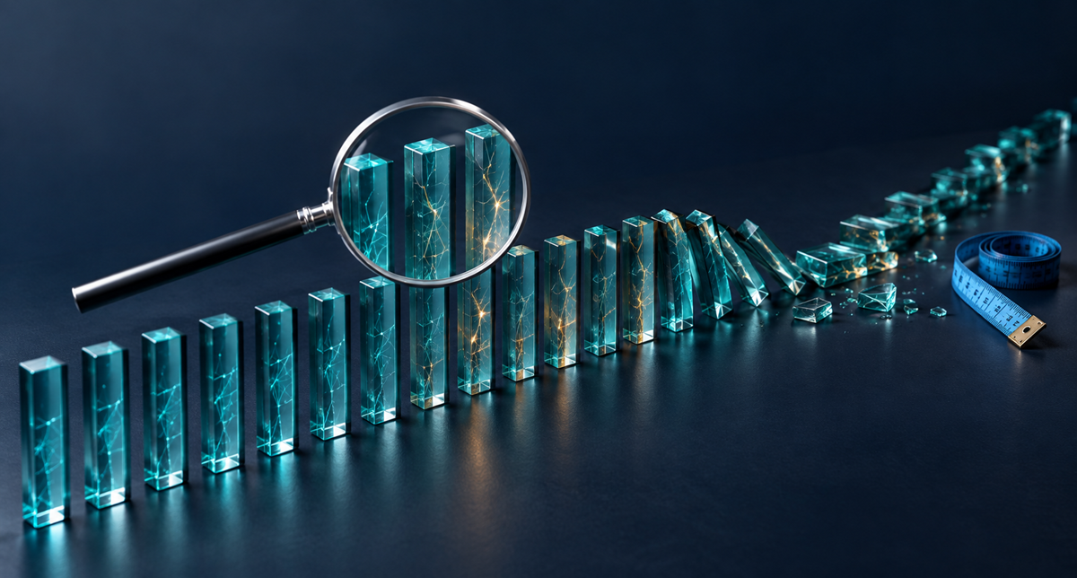 Banner image of blocks in a line that are tipping like dominoes, with a magnifying glass zooming in on some.