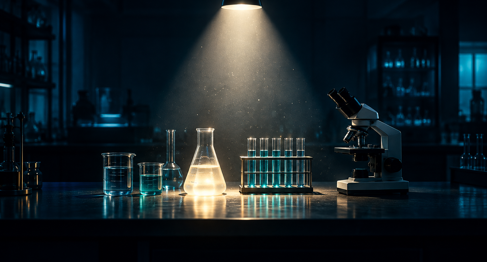 Spotlight shining on a laboratory bench full of experimental equipment
