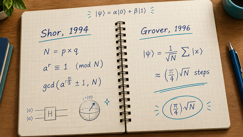 open notebook with Shor and Grover's fundamental equations