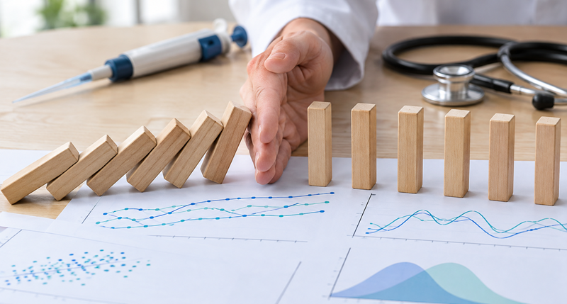 doctor's hand preventing a row of dominoes from continuing to fall