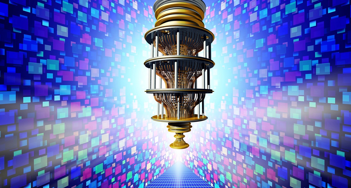 Banner image of a floating quantum computer with a stylized background