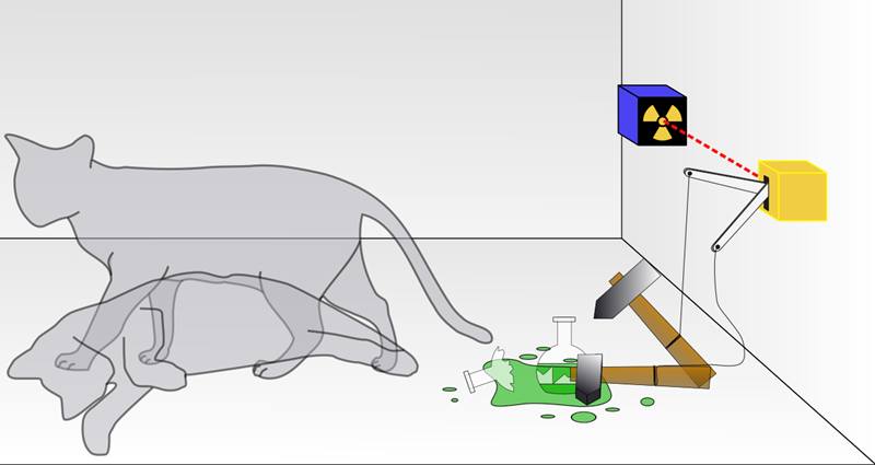 Schrödinger's cat: a cat, a flask of poison, and a radioactive source connected to a Geiger counter are placed in a sealed box. As illustrated, the quantum description uses a superposition of an alive cat and one that has died