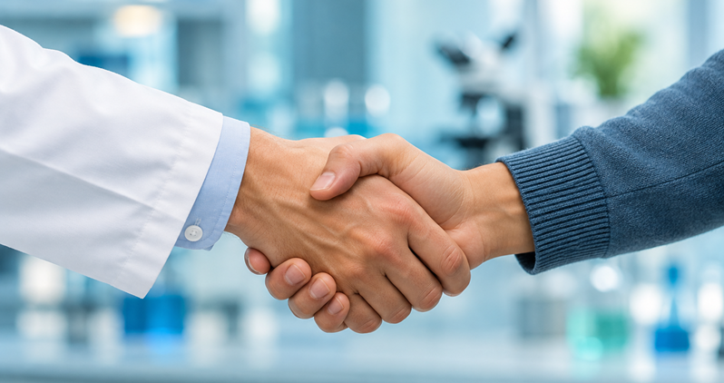 image of a handshake - one person is wearing a labcoat